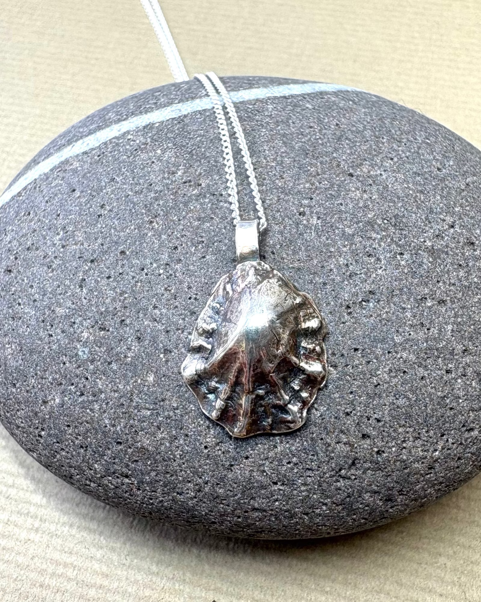 Silver limpet shell pendant on a fine silver chain over a pebble